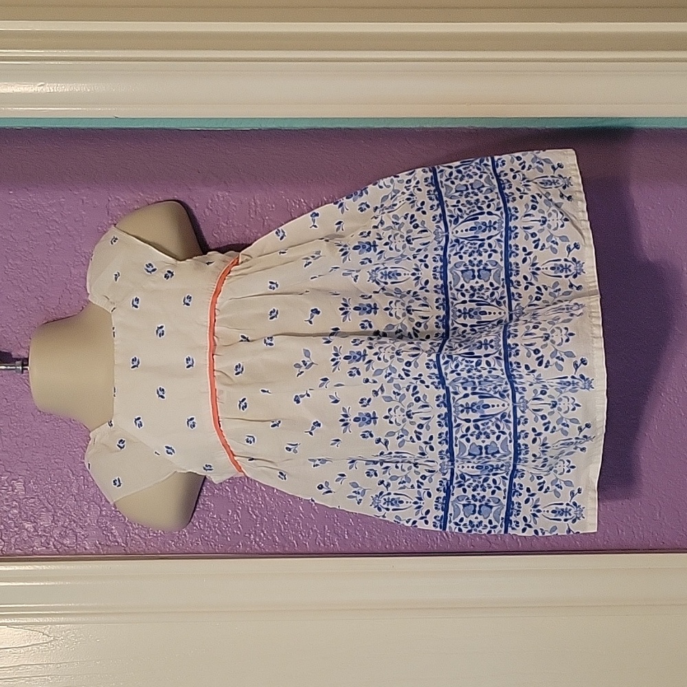 Baby B'gosh dress blue flower floral coral pink empire waist ribbon band cotton